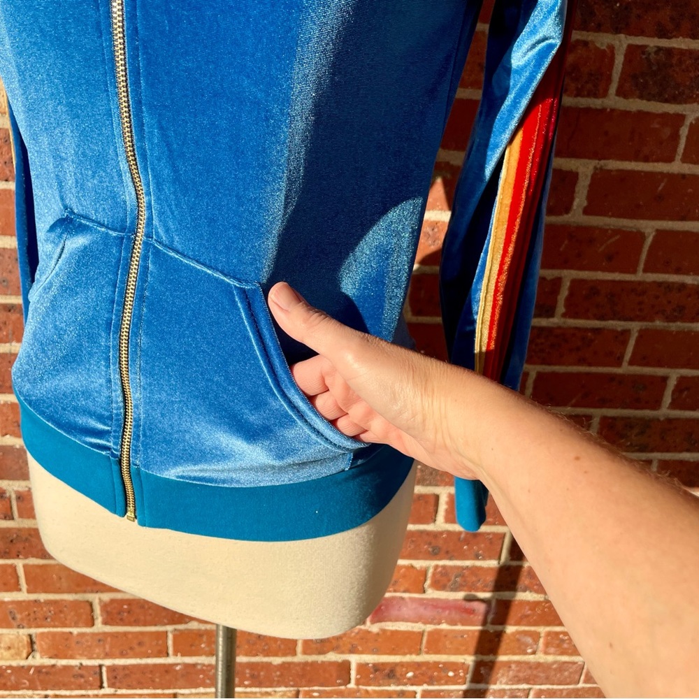 Aviator Nation Turquoise Velvet Full Zip Sweatshirt Hoodie Small Rainbow Stripes - Picture 4 of 13